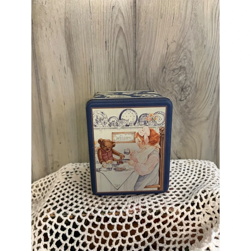 Vintage Tea Party Girl and Teddy Bear Decorative Metal Storage Tin Navy Blue